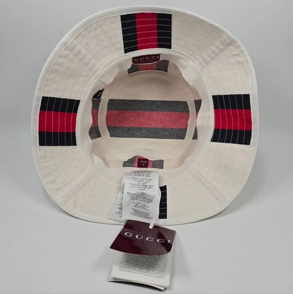 Certified Authentic Bnwt Gucci Cream Bucket Hat with Red and Black Stripes - Picture 2 of 3